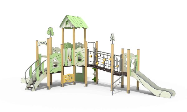 Multi-tower HPL playground structure featuring interconnected climbing nets and slides.
