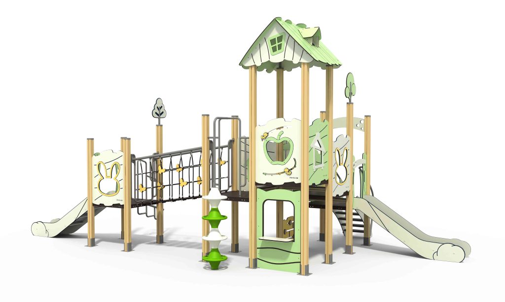 Nature-inspired playground equipment with forest-themed accents for active exploration.