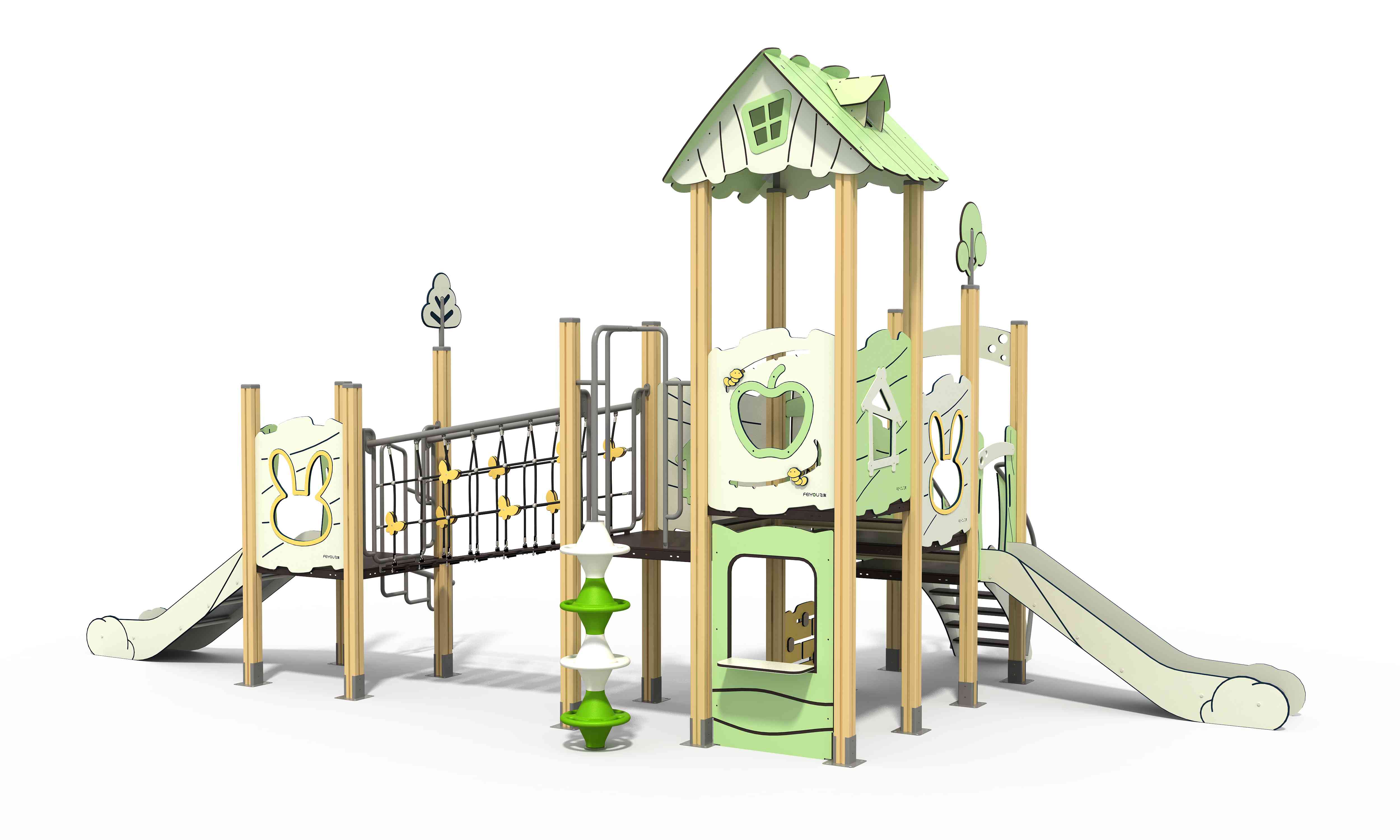 Nature-inspired playground equipment with forest-themed accents for active exploration.