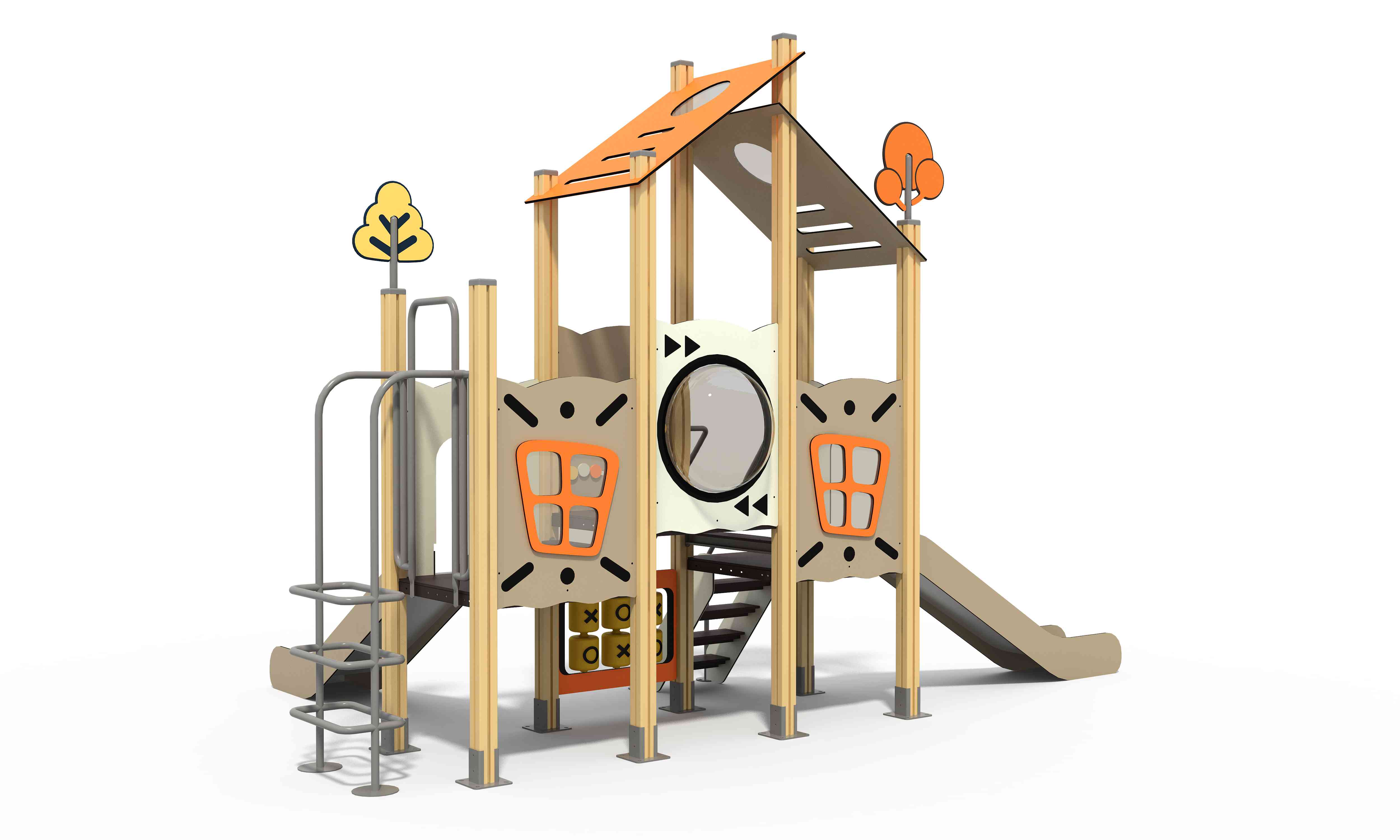Interactive HPL play structure with sensory panels and slides for nature-inspired play.
