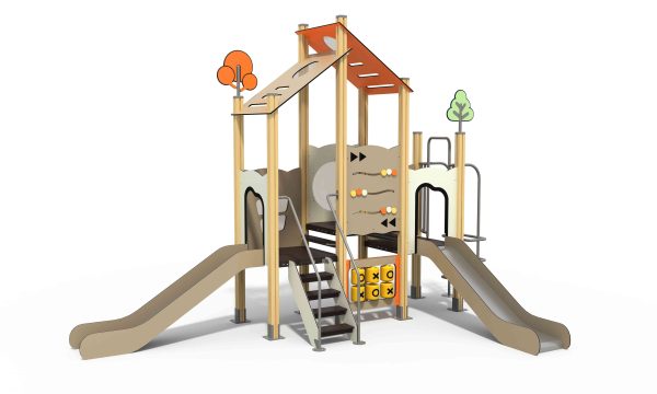 Durable compact laminate playground featuring inclusive design and interactive learning panels.