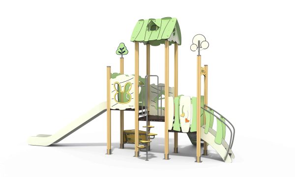 Interactive HPL play structure with sensory learning panels and slides for nature-inspired play.