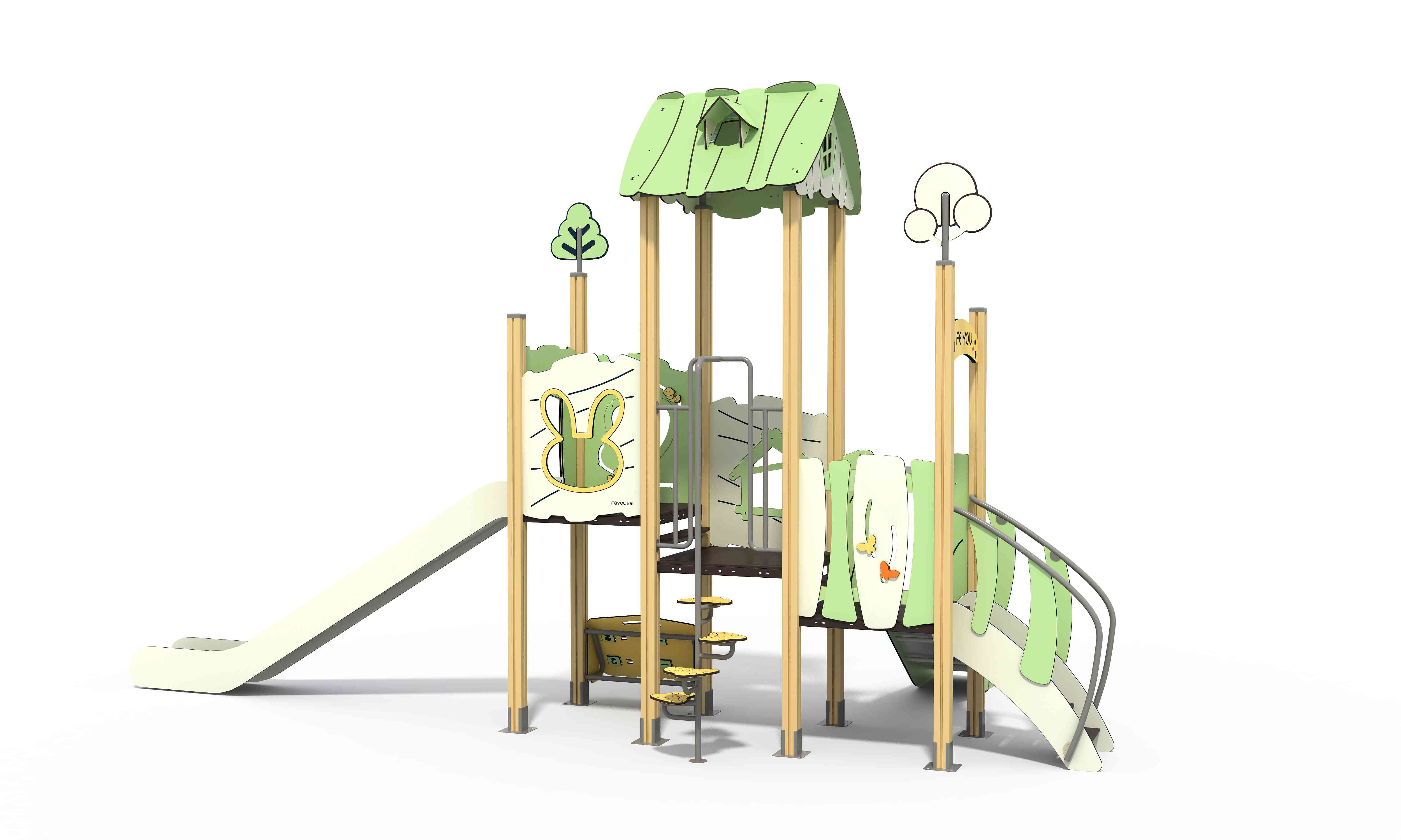 Interactive HPL play structure with sensory learning panels and slides for nature-inspired play.