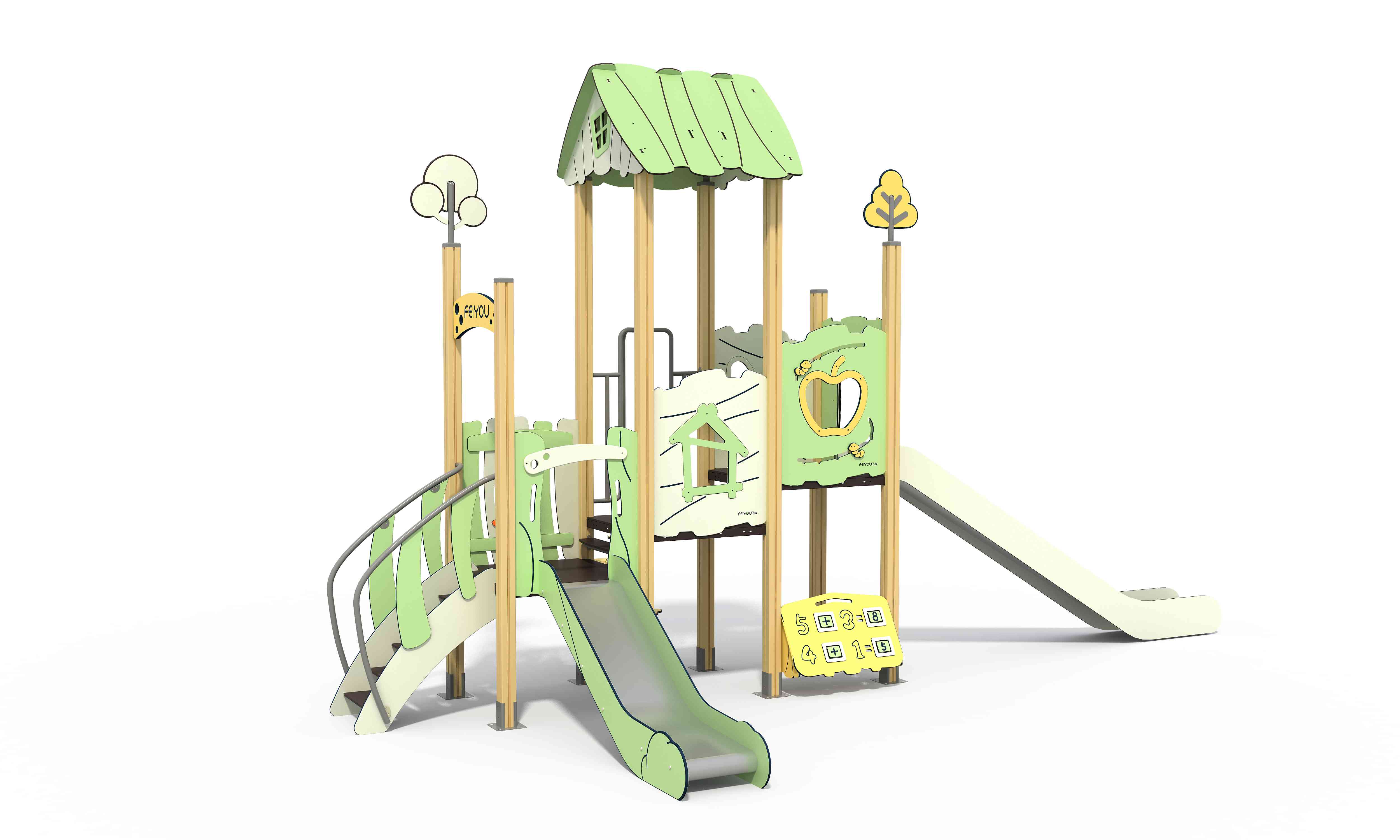 Nature-inspired playground equipment with forest-themed accents and multi-level play areas.