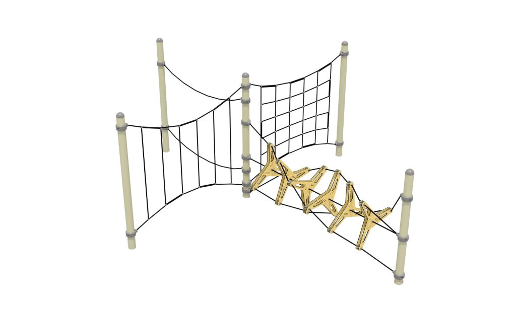 Modular playground equipment featuring a central support post connected to a vertical climbing net and rope bridge.
