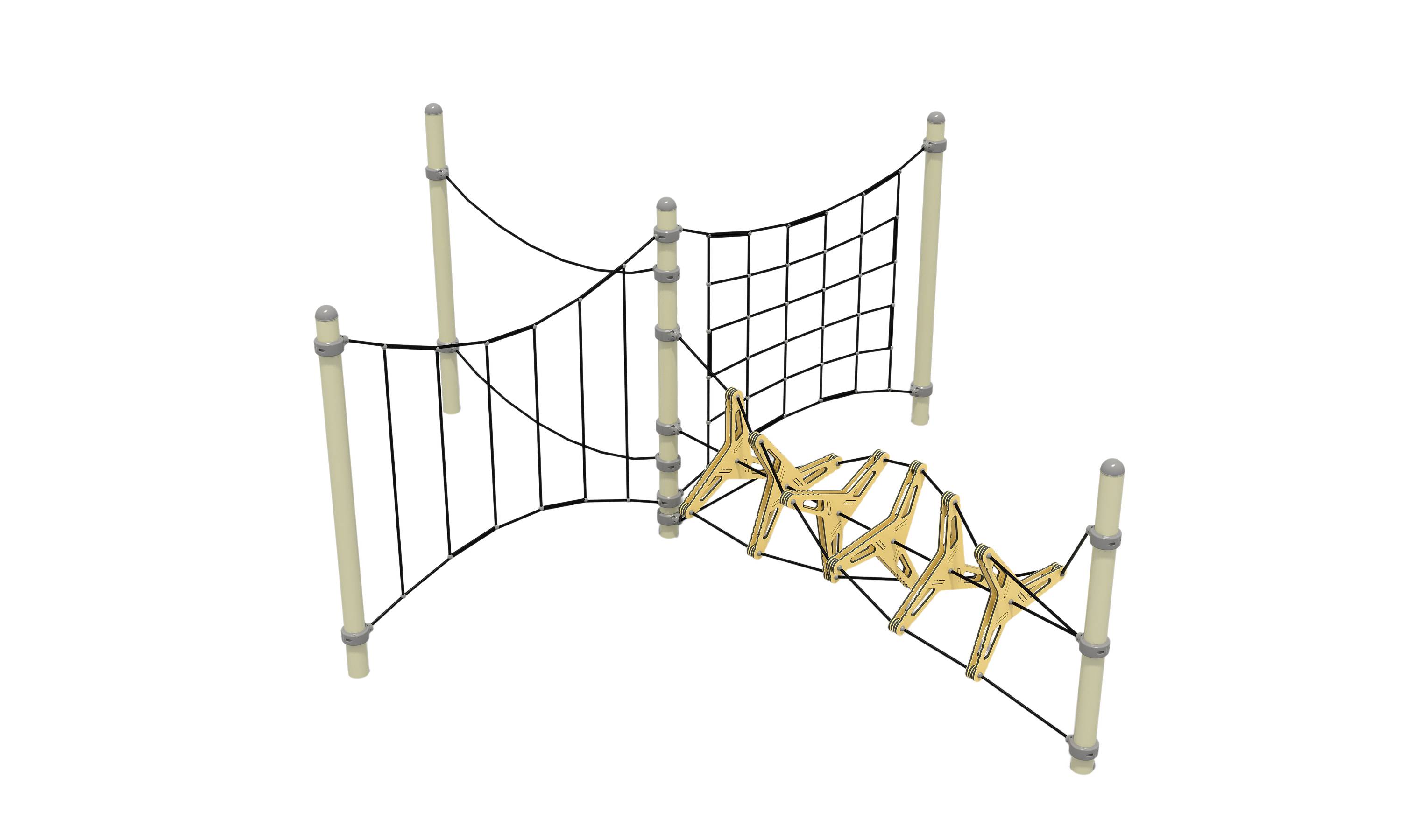 Modular playground equipment featuring a central support post connected to a vertical climbing net and rope bridge.