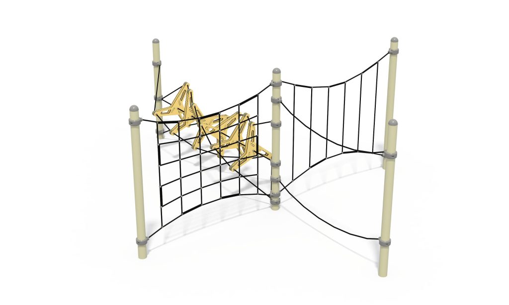 Commercial rope net climbing frame with suspended geometric stepping nodes for balance training.