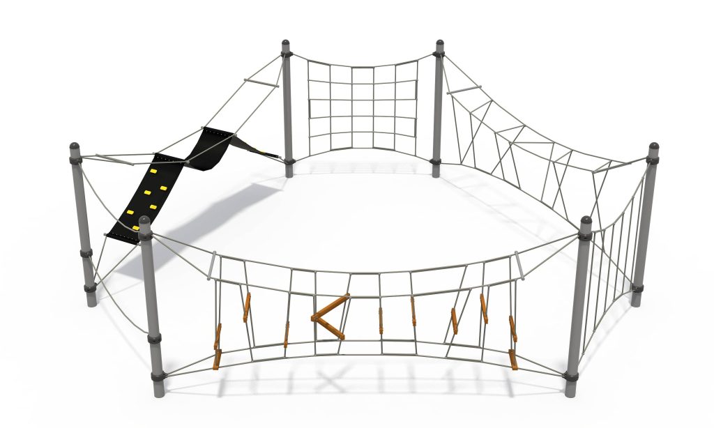 Hexagonal commercial playground equipment featuring heavy-duty support posts, a vertical climbing net, and suspended bridge sections.