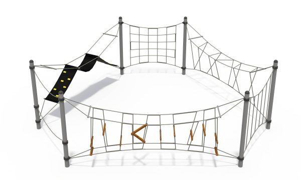 Hexagonal commercial playground equipment featuring heavy-duty support posts, a vertical climbing net, and suspended bridge sections.