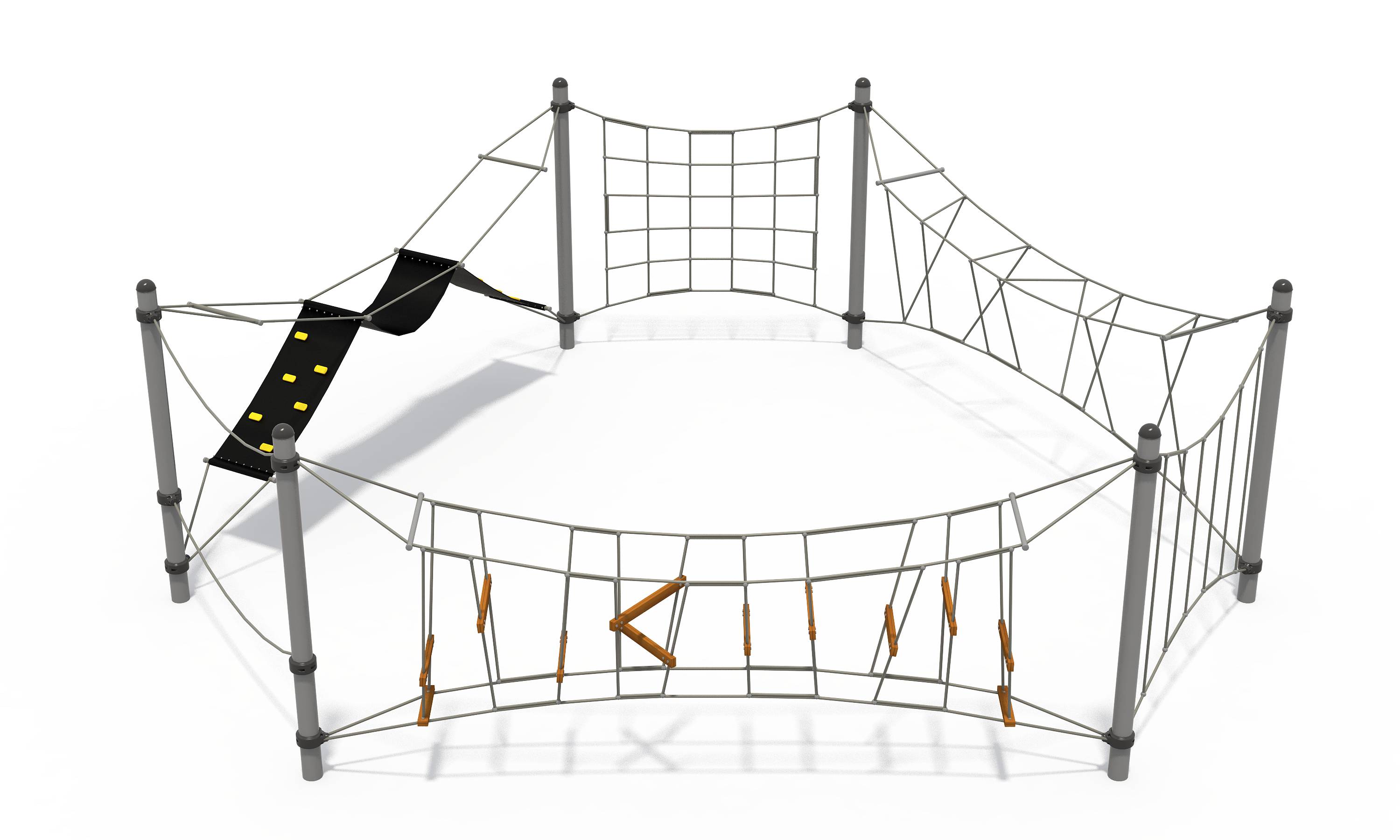 Hexagonal commercial playground equipment featuring heavy-duty support posts, a vertical climbing net, and suspended bridge sections.