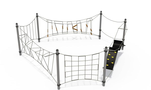 Rope net climbing frame with a suspended climbing ramp and stepping elements designed for balance training.