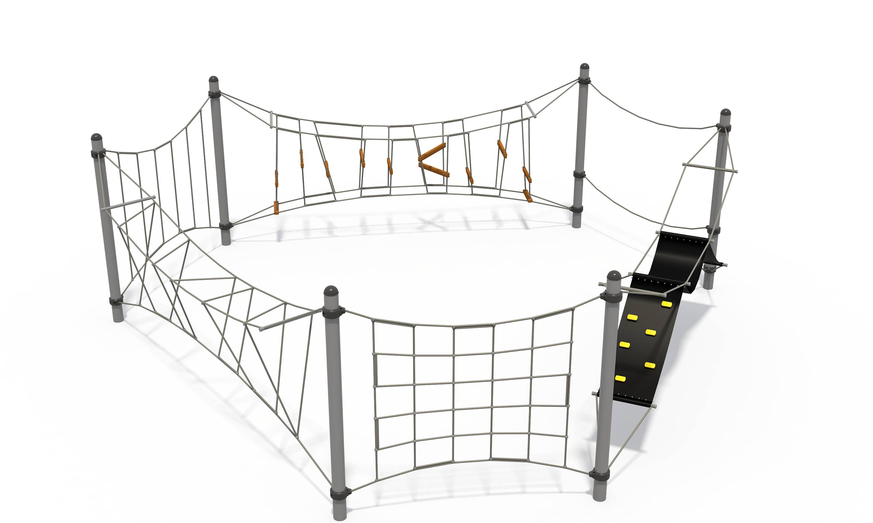 Rope net climbing frame with a suspended climbing ramp and stepping elements designed for balance training.
