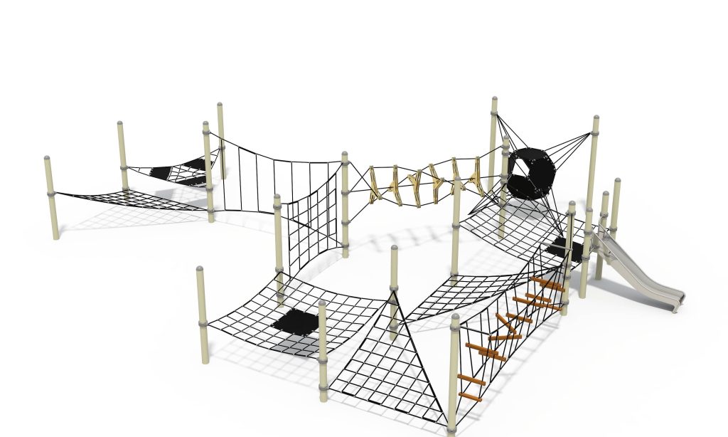 Large modular playground equipment featuring robust support posts, interconnected rope climbing nets, and a geometric climbing capsule.