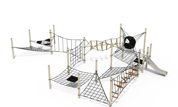 Large modular playground equipment featuring robust support posts, interconnected rope climbing nets, and a geometric climbing capsule.
