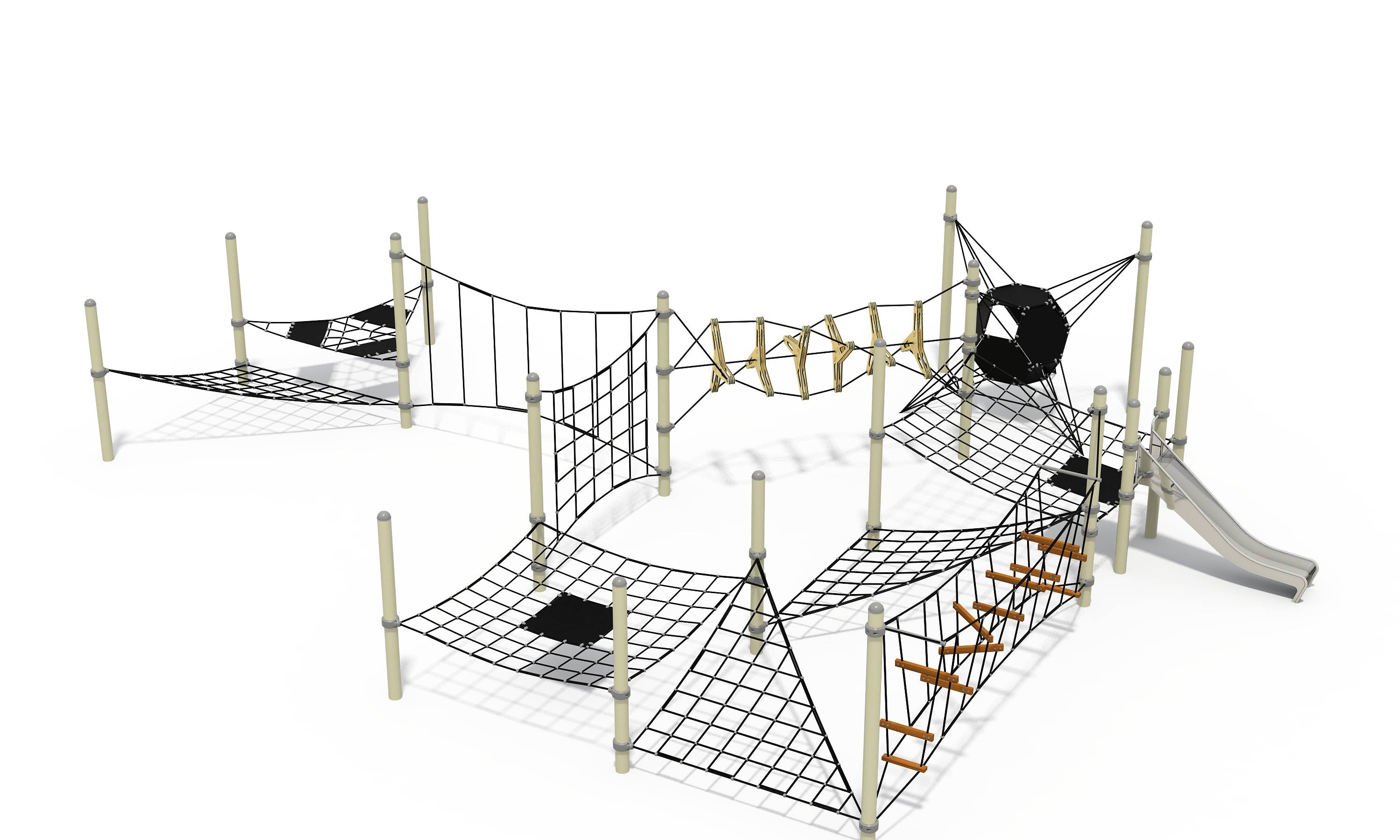 Large modular playground equipment featuring robust support posts, interconnected rope climbing nets, and a geometric climbing capsule.