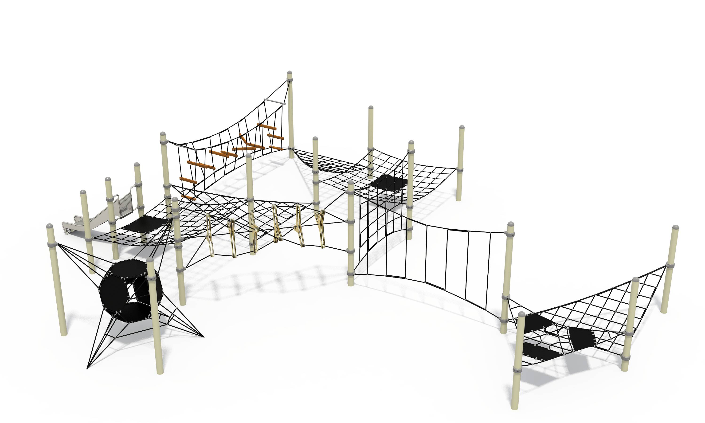 Commercial rope net climbing frame integrating suspension bridges, balance steps, and a slide for comprehensive physical activity.