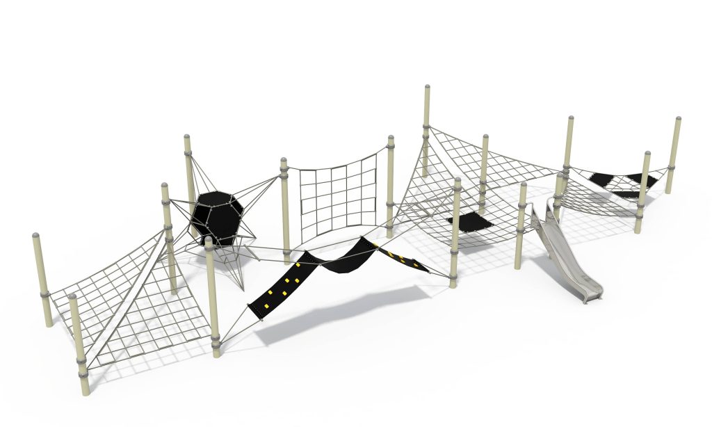 Large modular playground equipment featuring a linear arrangement of support posts, vertical climbing nets, and a geometric rope capsule.