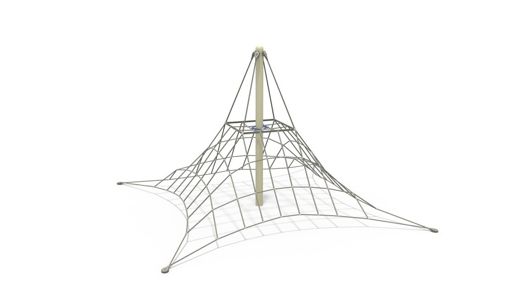 Central mast commercial playground equipment featuring a four-point anchored pyramid climbing net.