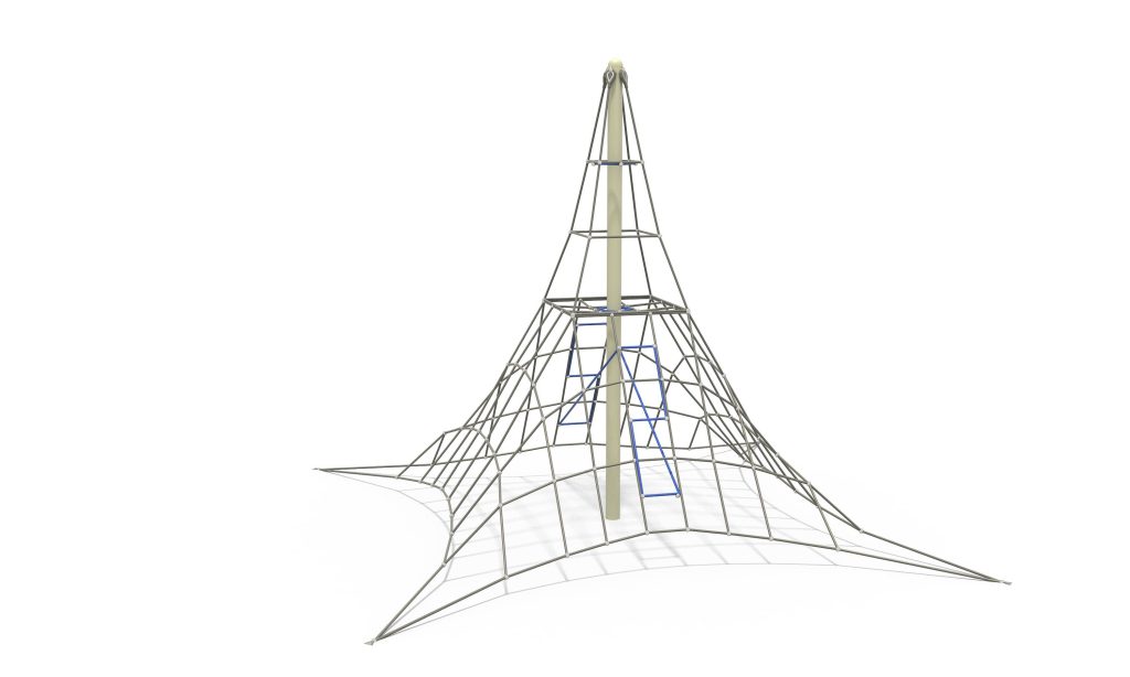 Central mast commercial playground equipment featuring a four-sided pyramid rope net climbing frame.