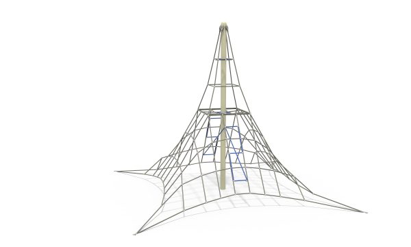 Central mast commercial playground equipment featuring a four-sided pyramid rope net climbing frame.