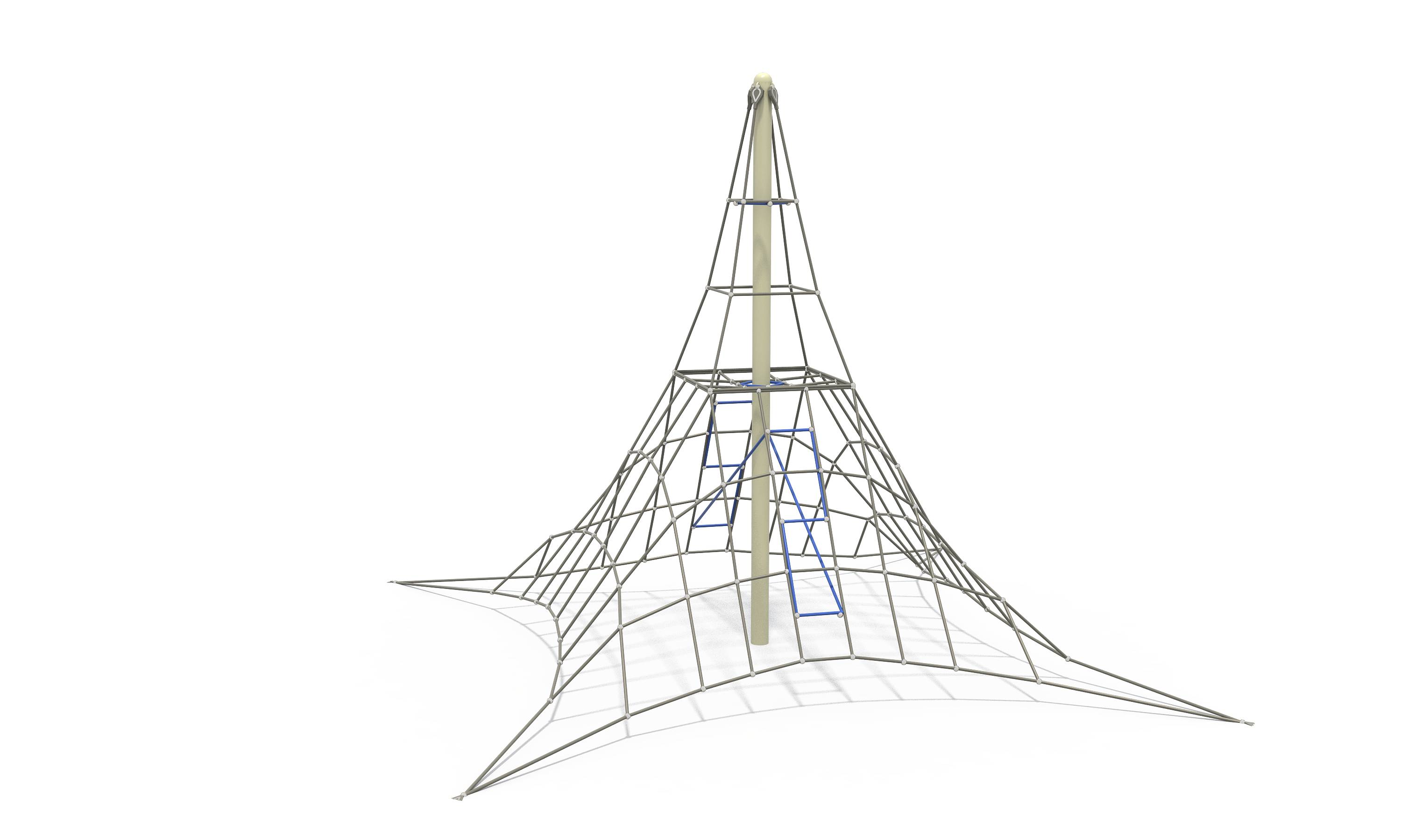 Central mast commercial playground equipment featuring a four-sided pyramid rope net climbing frame.