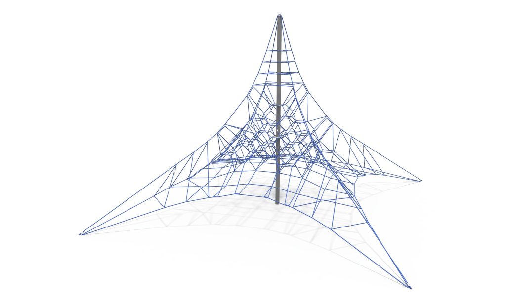 Central mast commercial playground equipment featuring a massive four-point anchored pyramid climbing net with an intricate inner web.