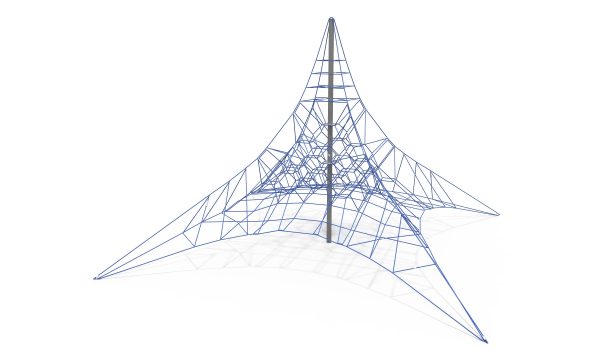 Central mast commercial playground equipment featuring a massive four-point anchored pyramid climbing net with an intricate inner web.