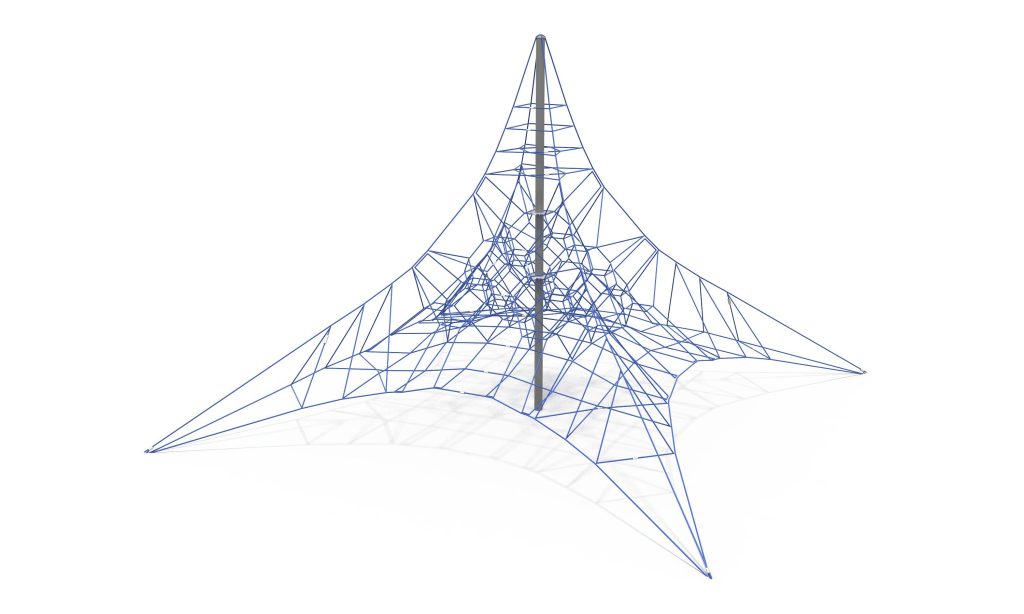 Multi-layered rope net climbing frame designed to accommodate numerous users for dynamic outdoor climbing activities.