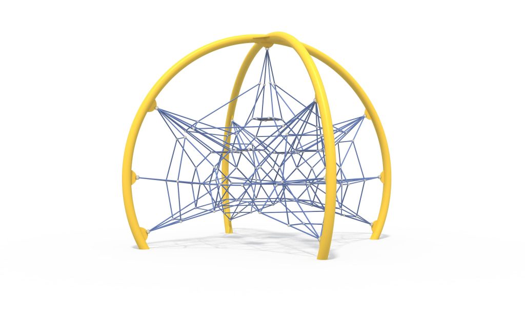 Commercial playground equipment featuring a crossed arch metal frame enclosing a complex spatial climbing net.