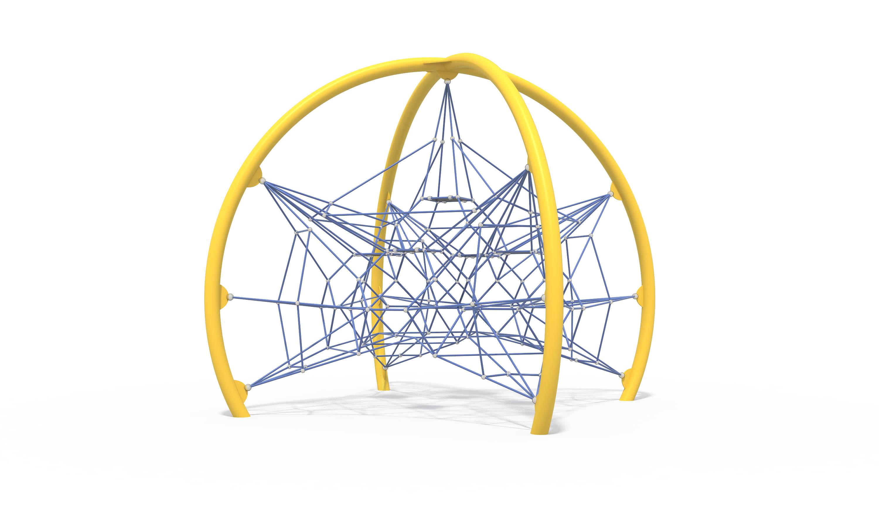 Commercial playground equipment featuring a crossed arch metal frame enclosing a complex spatial climbing net.