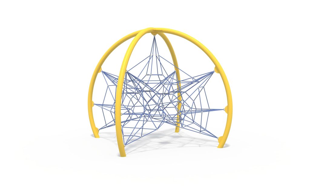 Spatial rope net climbing frame with suspended resting nodes designed for dynamic balance and agility training.