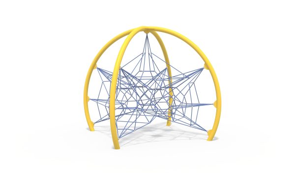 Spatial rope net climbing frame with suspended resting nodes designed for dynamic balance and agility training.