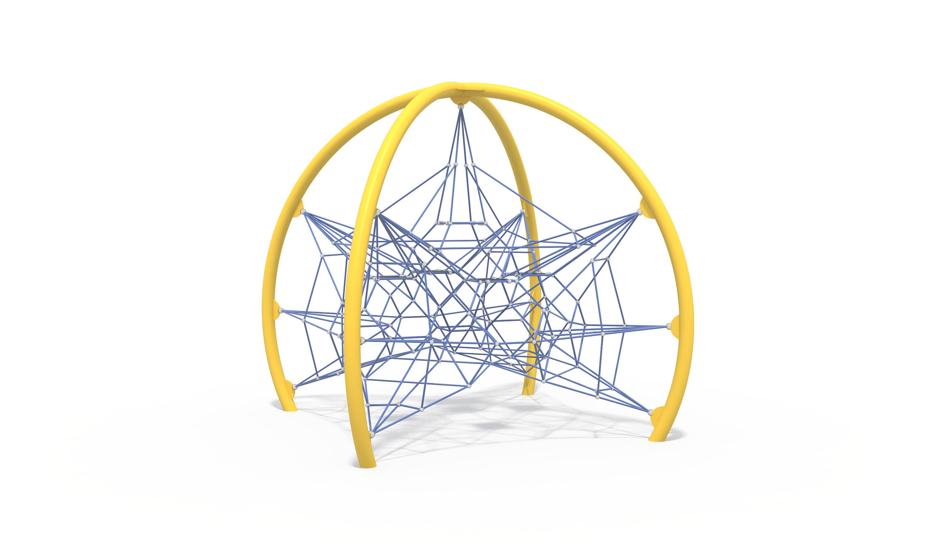 Spatial rope net climbing frame with suspended resting nodes designed for dynamic balance and agility training.