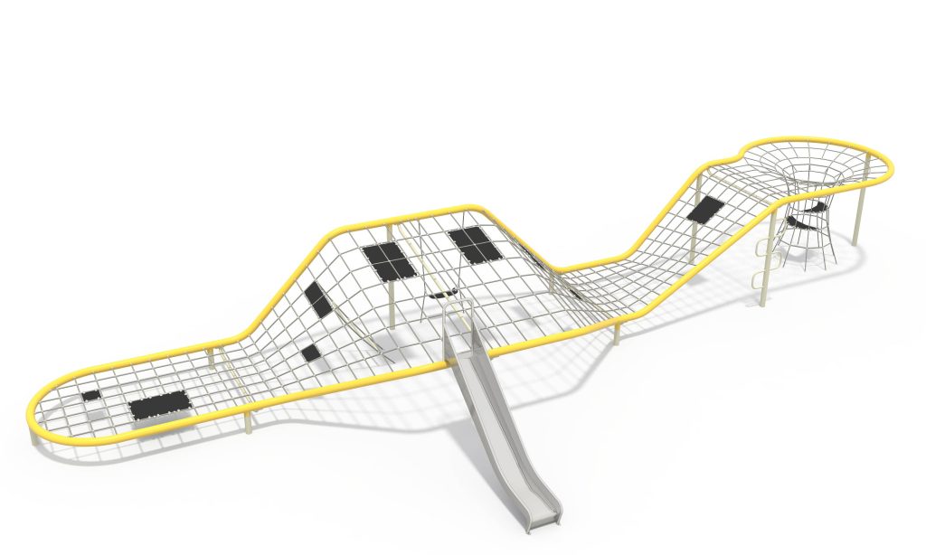Continuous wave-shaped commercial playground equipment featuring an undulating rope climbing net and integrated slide.