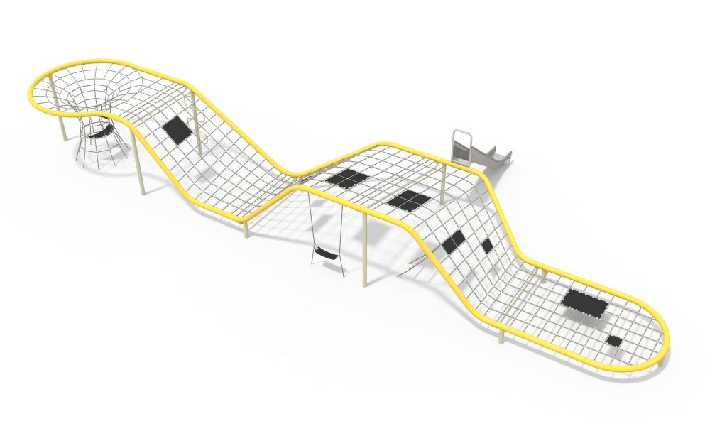Rope net climbing frame equipped with resting mats, a vertical funnel net, and a slide for comprehensive play.