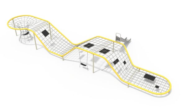Rope net climbing frame equipped with resting mats, a vertical funnel net, and a slide for comprehensive play.