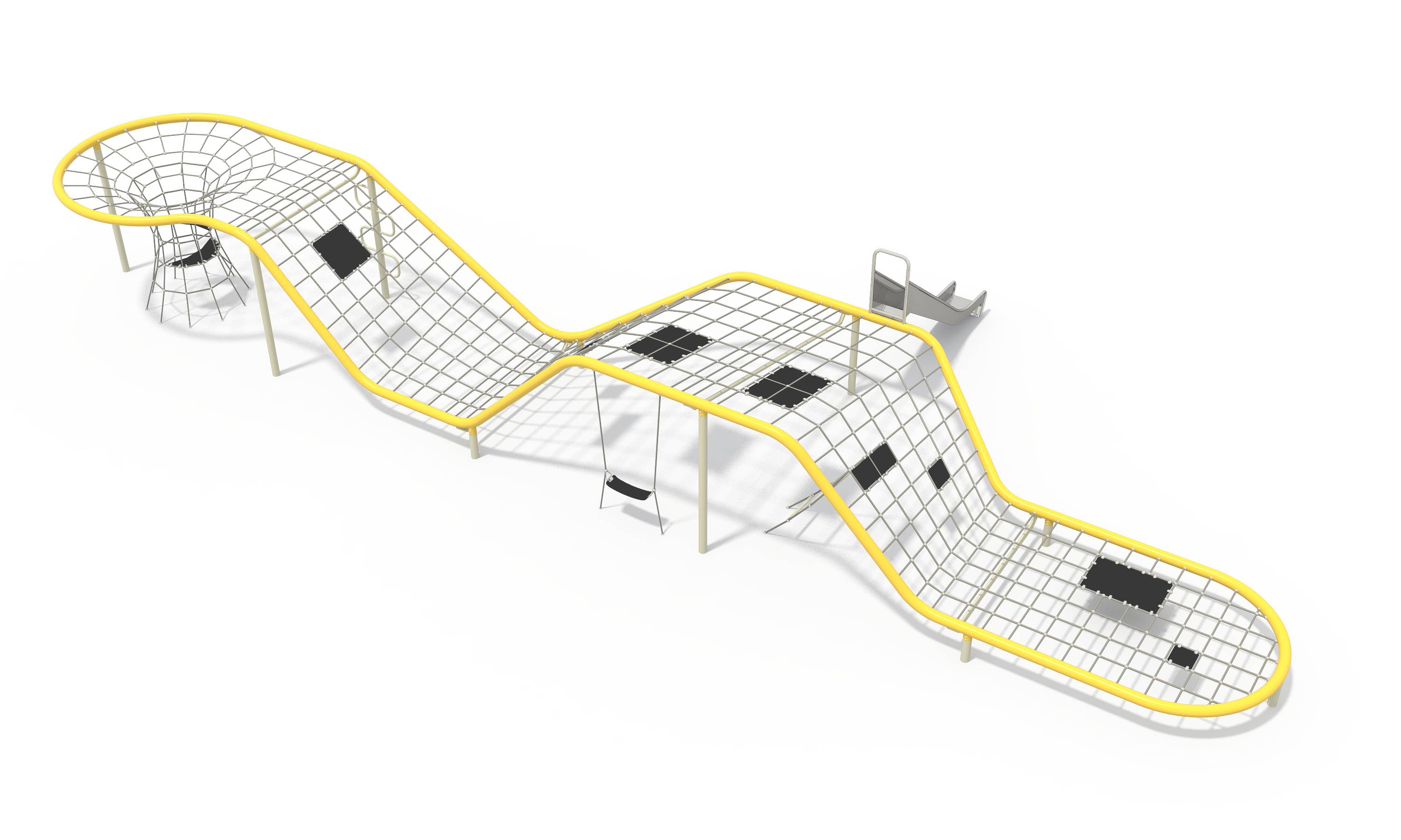 Rope net climbing frame equipped with resting mats, a vertical funnel net, and a slide for comprehensive play.