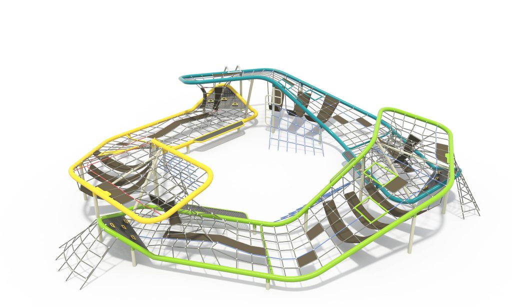 Continuous closed-loop commercial playground equipment featuring an undulating tubular frame and expansive rope net climbing surface.