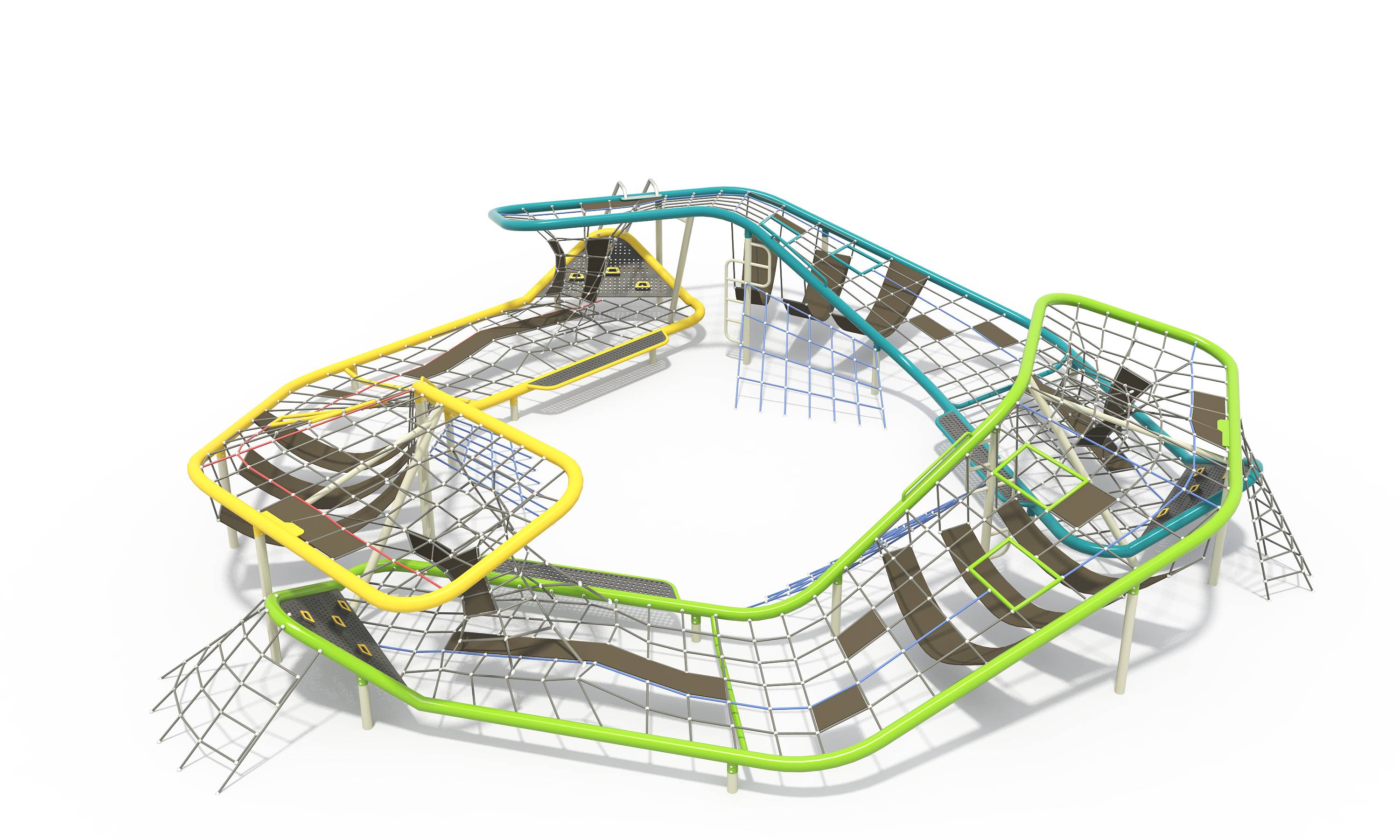 Continuous closed-loop commercial playground equipment featuring an undulating tubular frame and expansive rope net climbing surface.