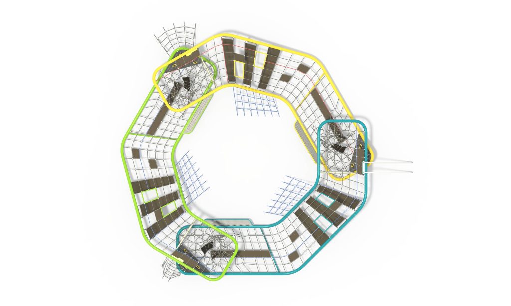 Safe playground equipment designed to provide continuous outdoor climbing activities for kids in a park inclusive playground.