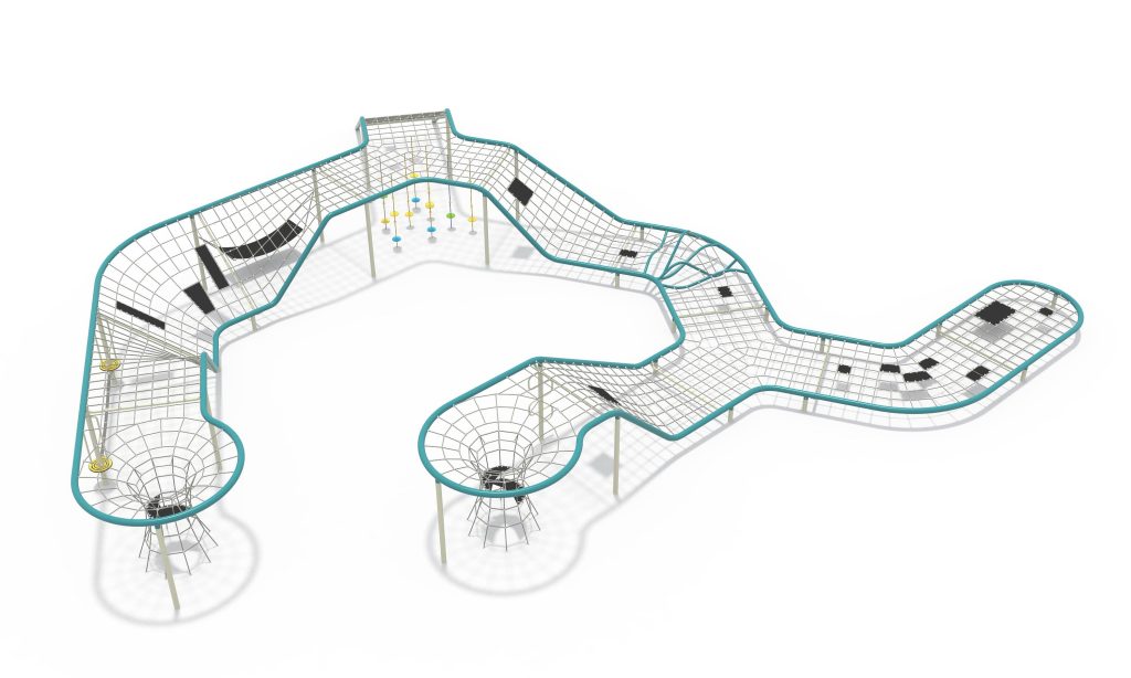 Expansive commercial playground equipment featuring a continuous undulating tubular frame and a large rope climbing net track.