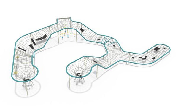 Expansive commercial playground equipment featuring a continuous undulating tubular frame and a large rope climbing net track.