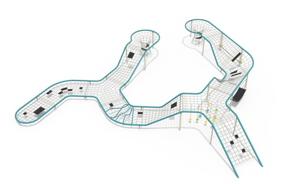 Rope net climbing frame equipped with resting mats, vertical funnel nets, and suspended balancing pods for comprehensive agility training.