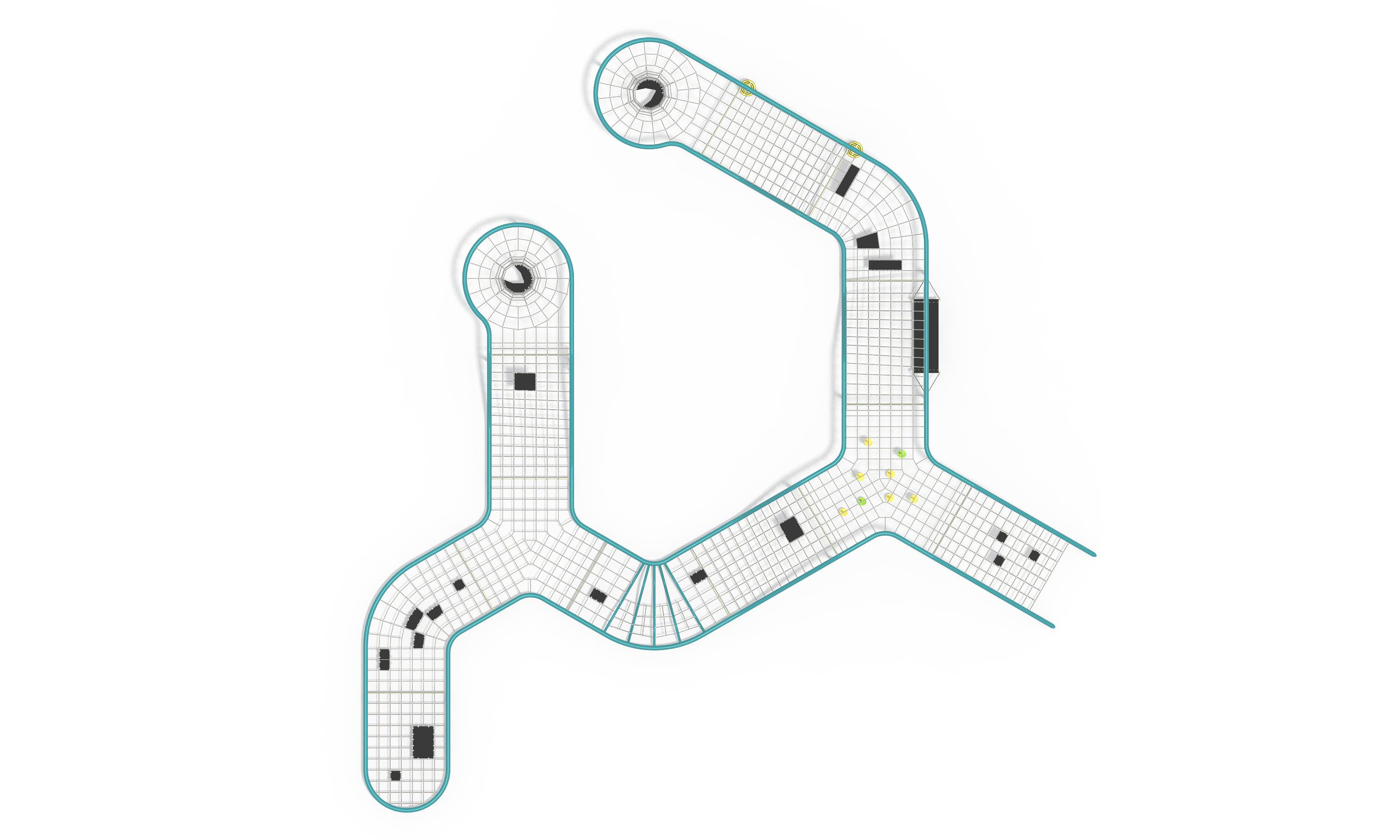 Safe playground equipment designed to provide continuous outdoor climbing activities for kids in a large park adventure playspace.