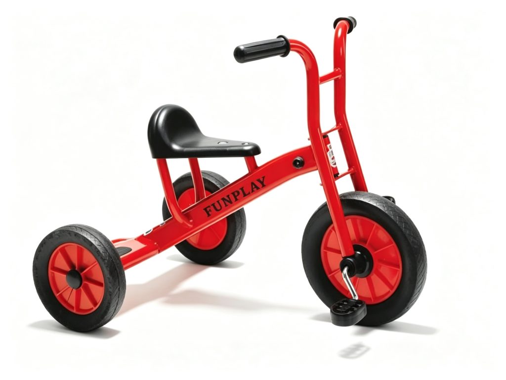 A durable kids tricycle with a sturdy metal frame and solid puncture-proof tires, designed for kindergarten play equipment.