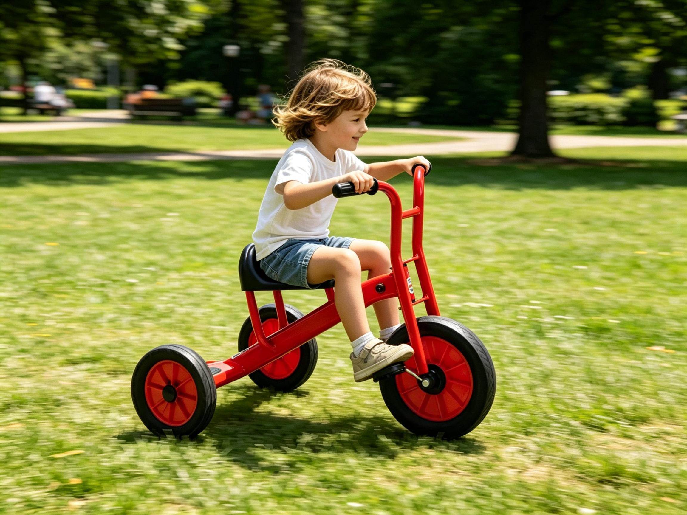 Durable commercial-grade red tricycle featuring a robust metal frame, ergonomic black seat, and solid puncture-proof tires, ideal for kindergartens and daycare centers.