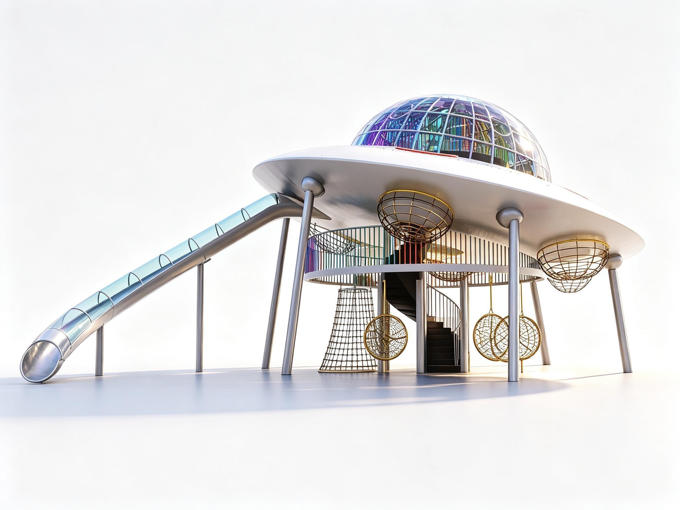 Innovative outdoor play equipment equipped with a secure observation dome, spiral staircase, and an enclosed playground slide for school playground equipment.