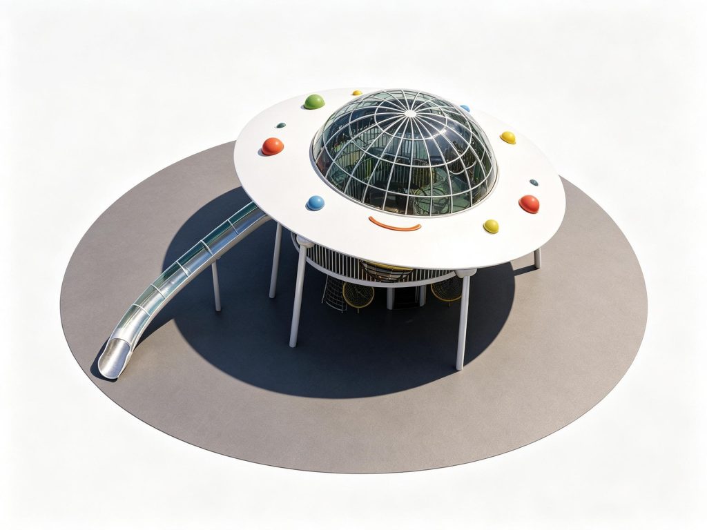 Commercial UFO-themed outdoor playground equipment featuring a transparent tube slide, stainless steel frame, and custom climbing nets for public parks.