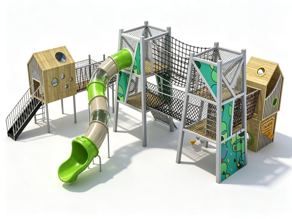 Durable commercial-grade outdoor playground equipment featuring modern wooden cabins, heavy-duty rope climbing nets, and a green tube slide.