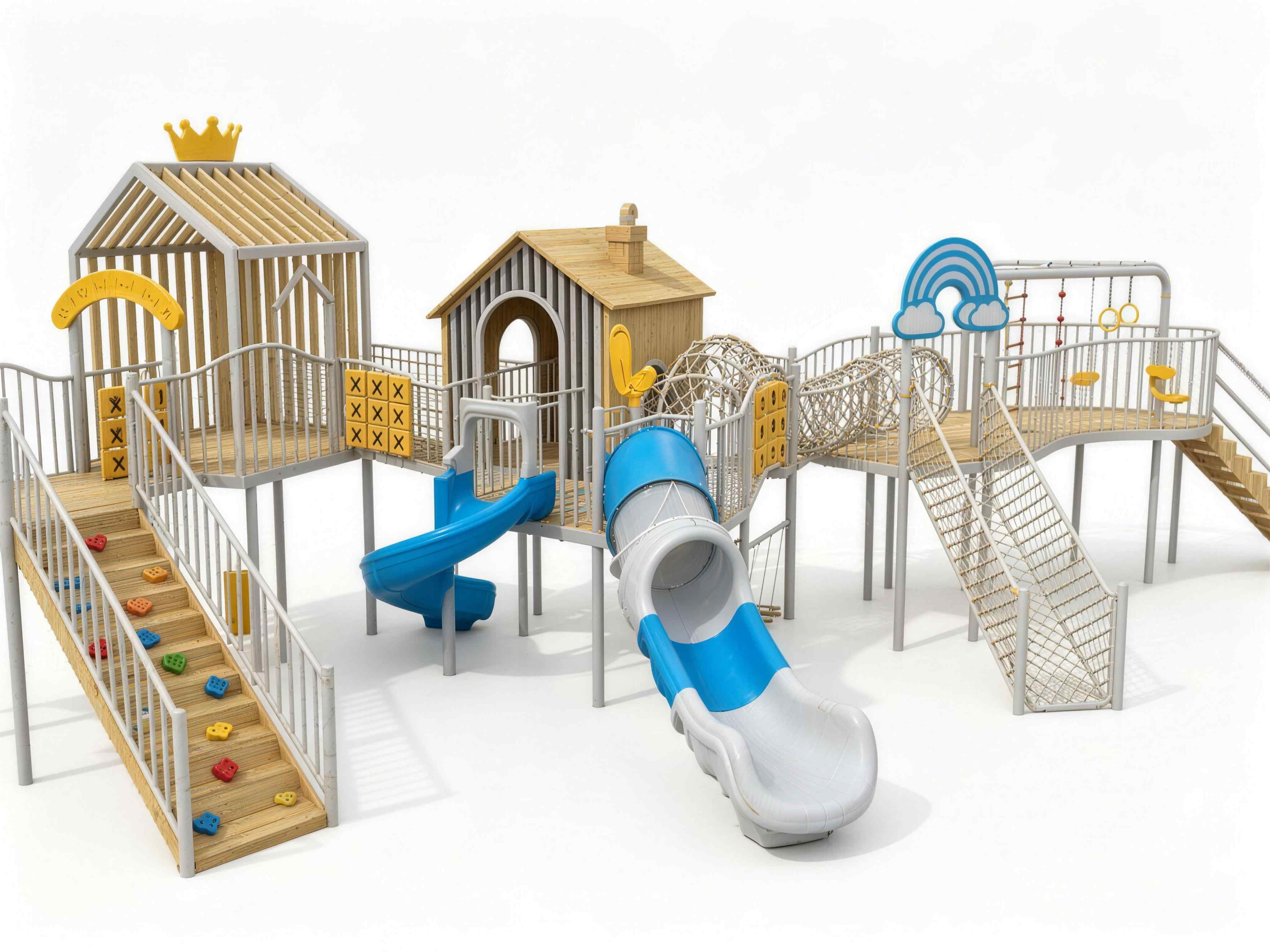 Durable commercial outdoor playground equipment featuring custom wooden playhouses, rope climbing nets, interactive panels, and blue tube slides for community parks.